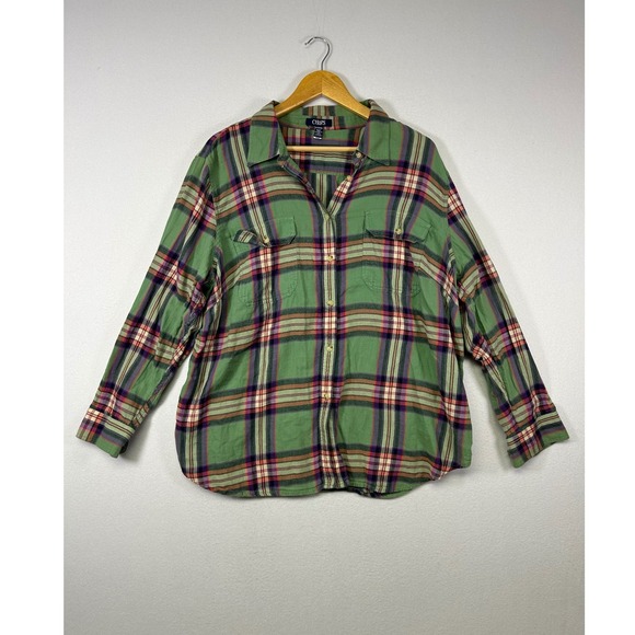 Chaps Denim Tops - Cabincore Chaps Womens 3X Green Plaid Cotton‎ Long Sleeve Button Down Shirt